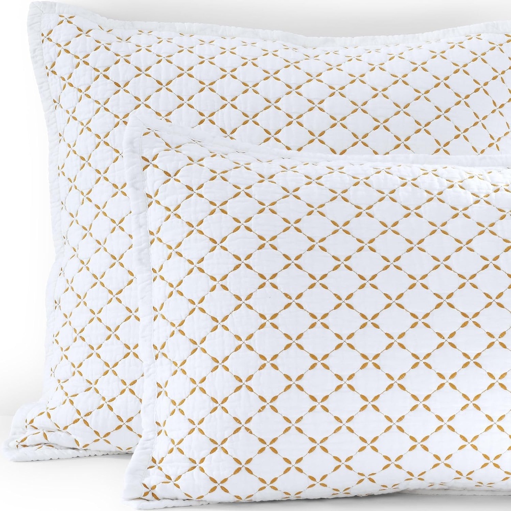 image:imageLands End Embroidered Diamond Double Voile Sham Standard Antique NavyDijon Gold