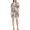 Lands’ End Women’s Linen Above the Knee Puff Sleeve Dress(Vanilla/Bark Etched Leaves)