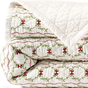 Lands’ End Embroidered Diamond Double Voile Quilt Twin Antique Navy(Holiday Wreaths/Ivory)
