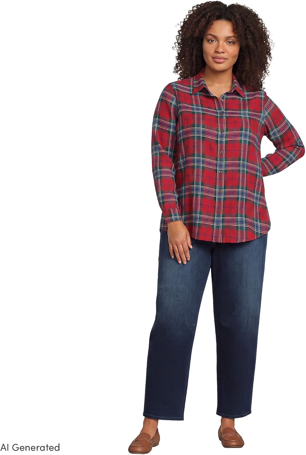 image:imageLands End Womens Flannel Boyfriend Fit Long Sleeve ShirtCompass RedPine Plaid