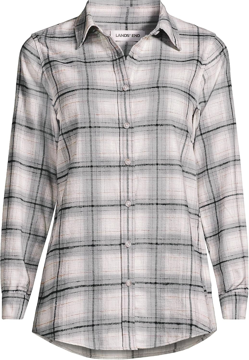 image:imageLands End Womens Flannel Boyfriend Fit Long Sleeve ShirtGray HeatherBlack Plaid