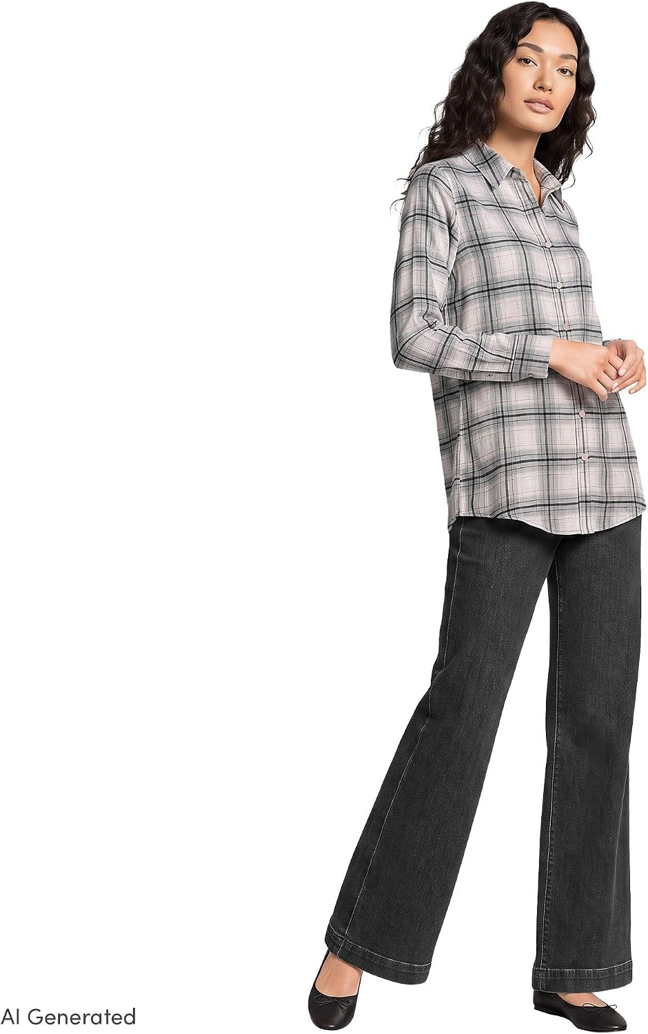 image:imageLands End Womens Flannel Boyfriend Fit Long Sleeve ShirtGray HeatherBlack Plaid