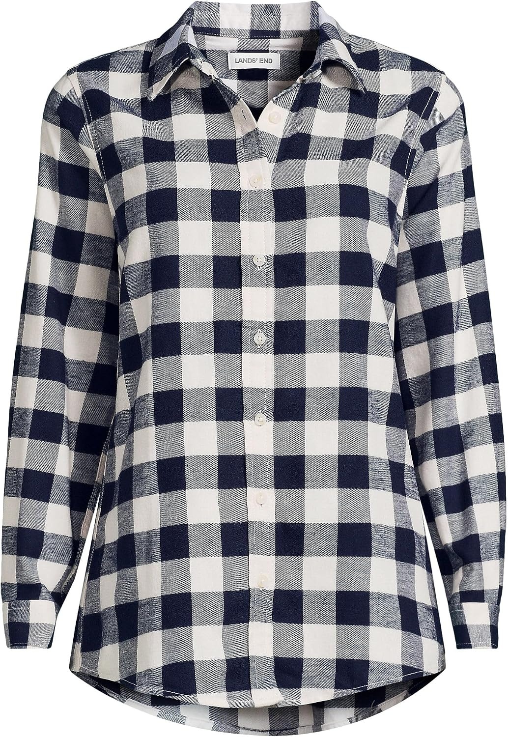 image:imageLands End Womens Flannel Boyfriend Fit Long Sleeve ShirtIvory LatteNavy Buffalo Plaid