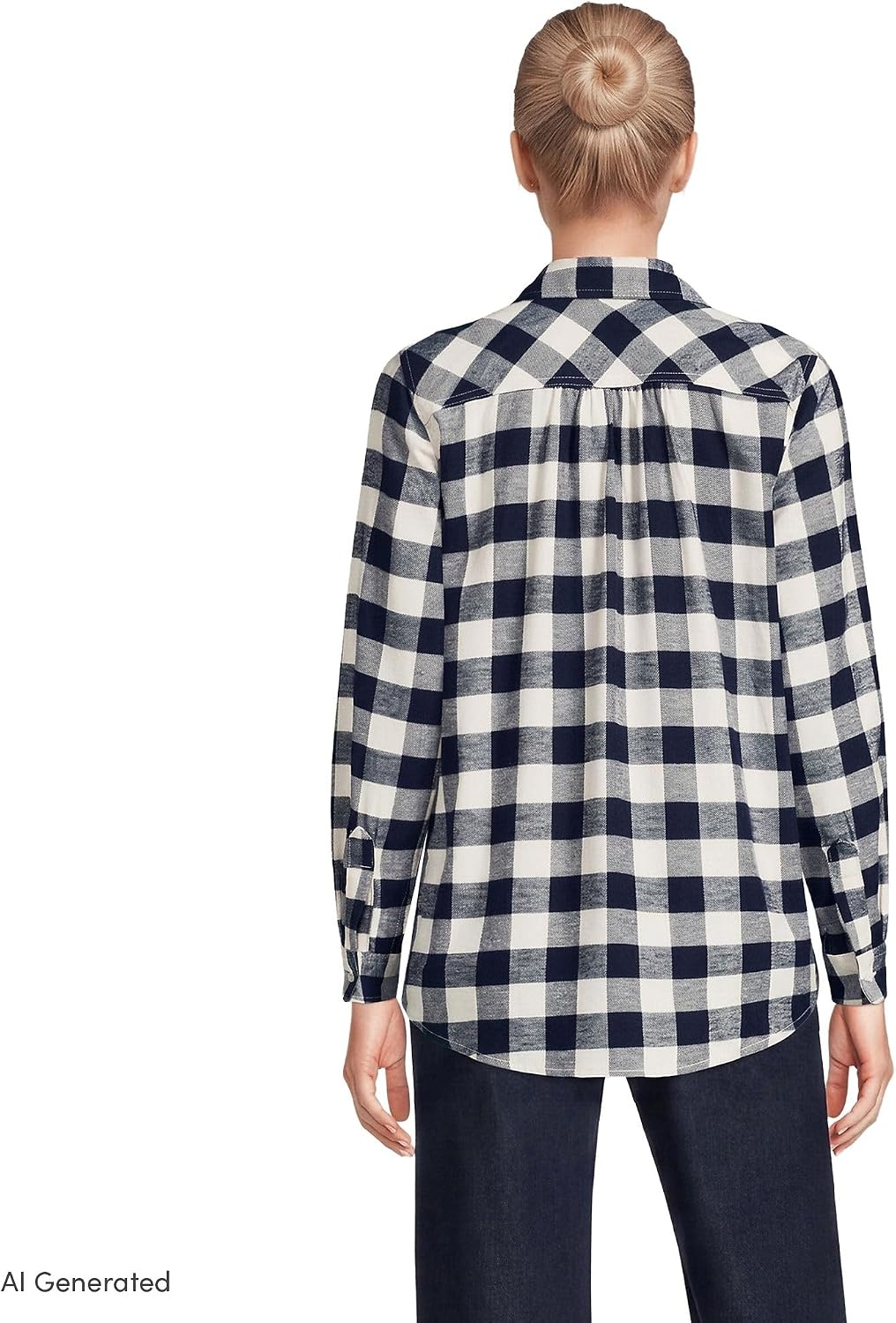 image:imageLands End Womens Flannel Boyfriend Fit Long Sleeve ShirtIvory LatteNavy Buffalo Plaid