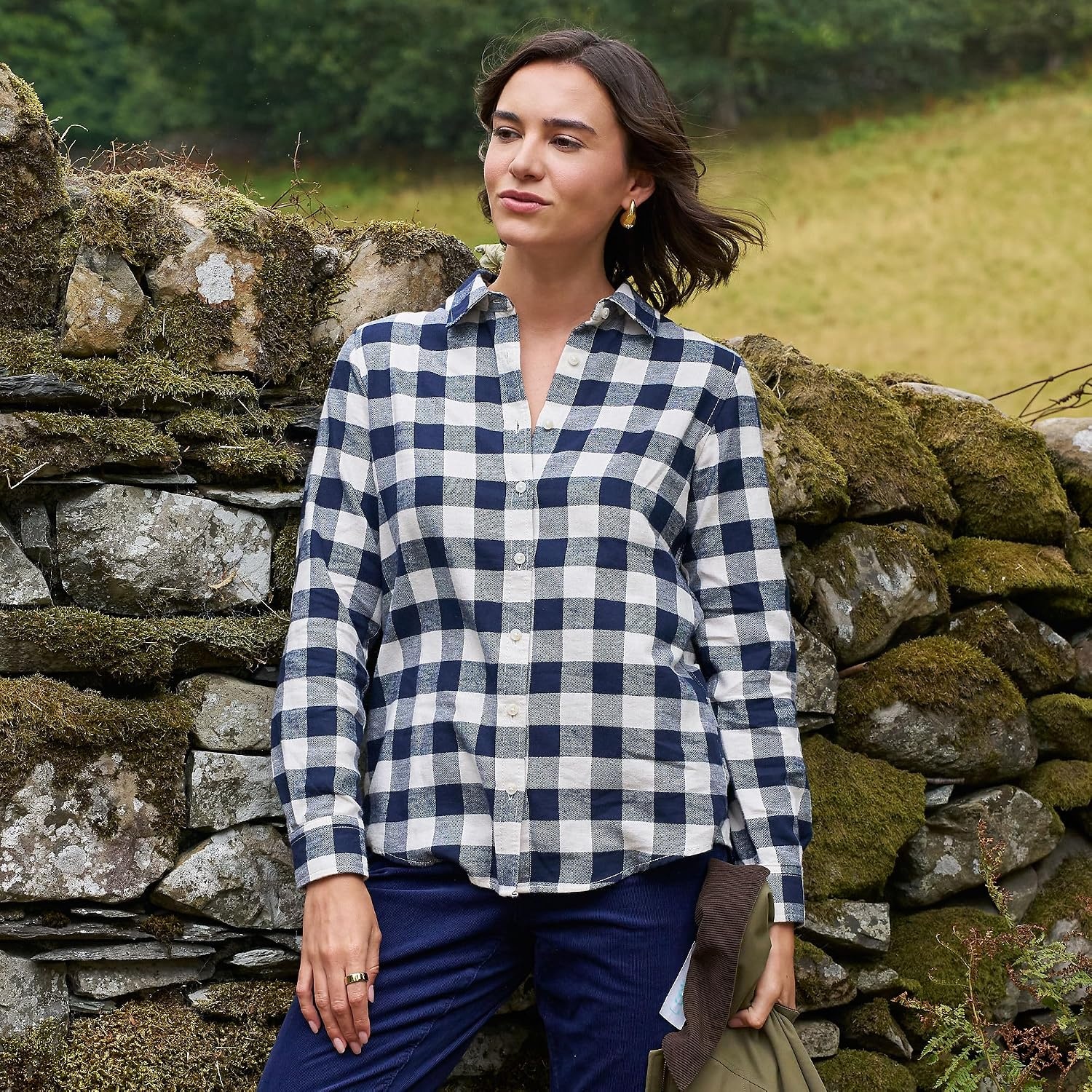 image:imageLands End Womens Flannel Boyfriend Fit Long Sleeve ShirtIvory LatteNavy Buffalo Plaid