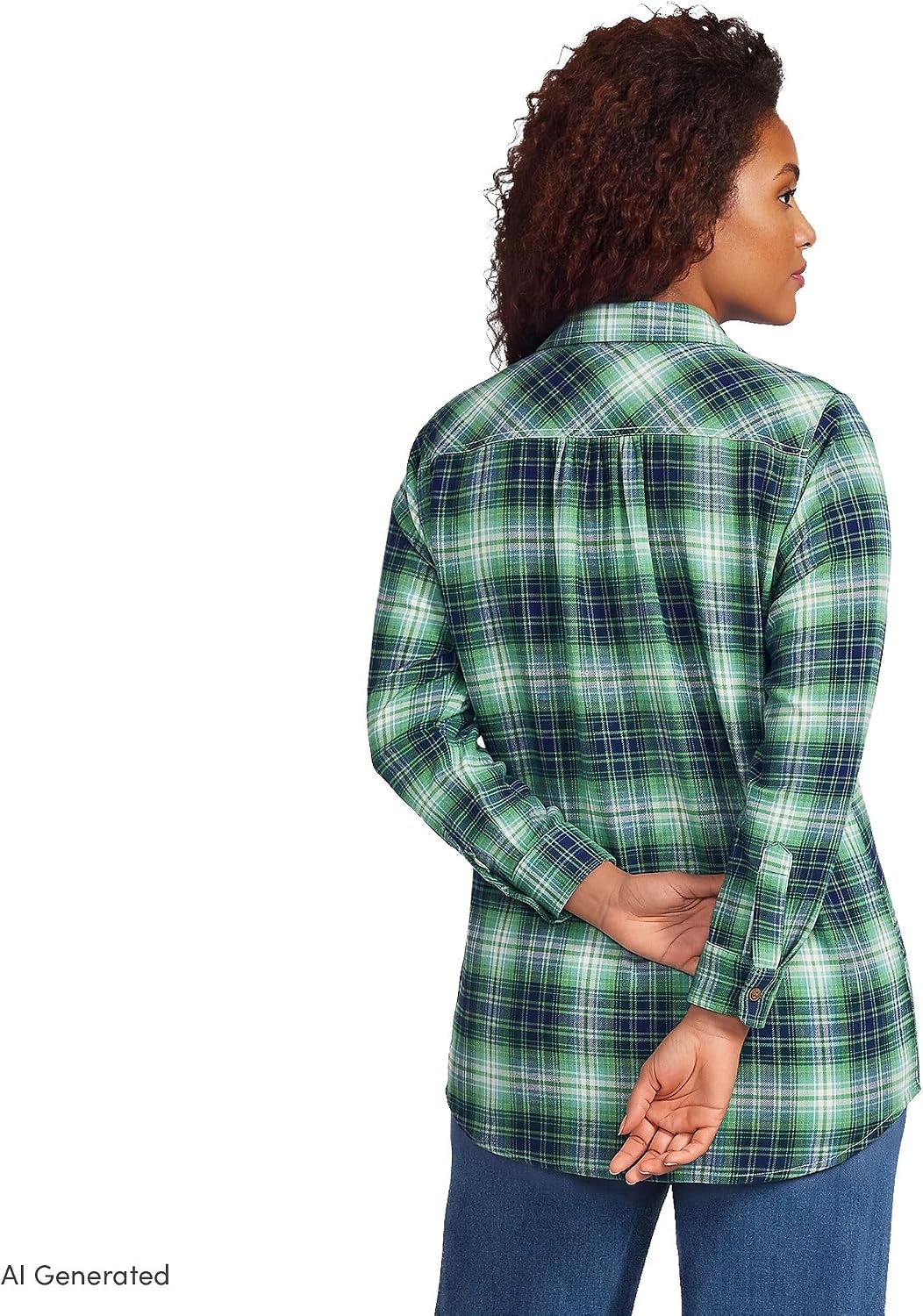 image:imageLands End Womens Flannel Boyfriend Fit Long Sleeve ShirtIvoryMineral AquaPine Plaid