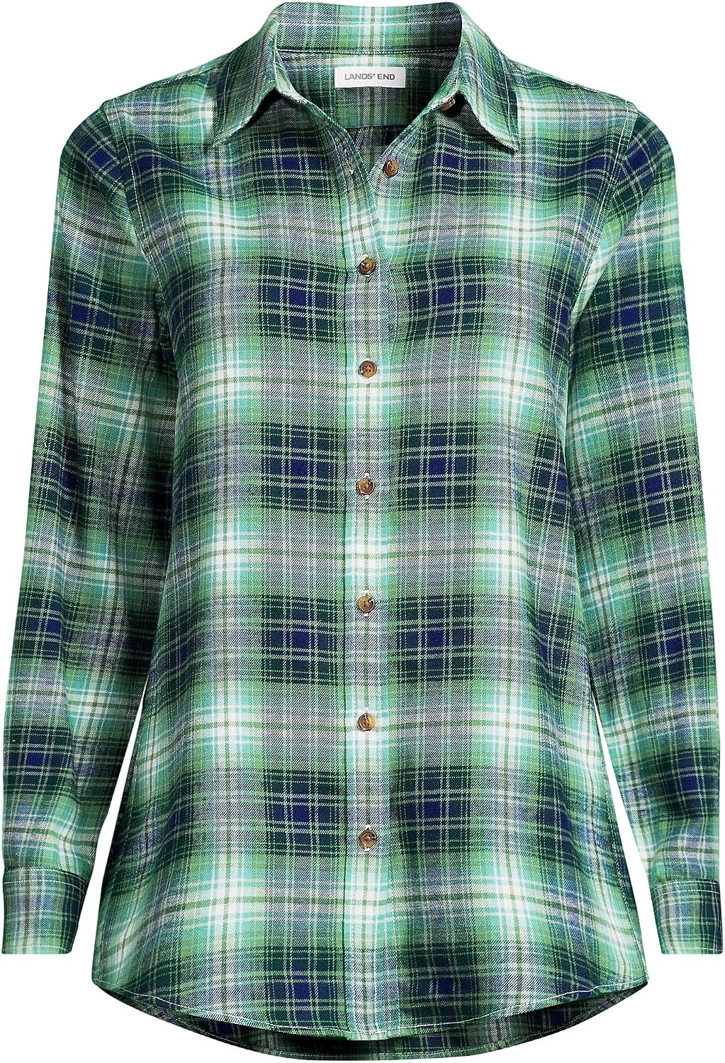 image:imageLands End Womens Flannel Boyfriend Fit Long Sleeve ShirtIvoryMineral AquaPine Plaid