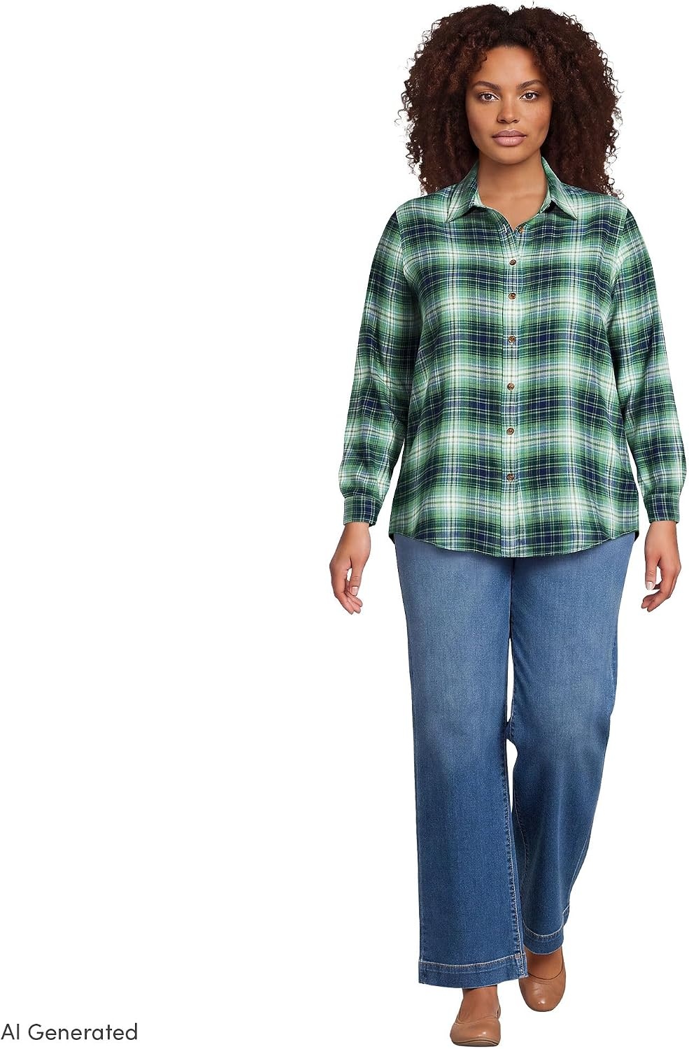 image:imageLands End Womens Flannel Boyfriend Fit Long Sleeve ShirtIvoryMineral AquaPine Plaid