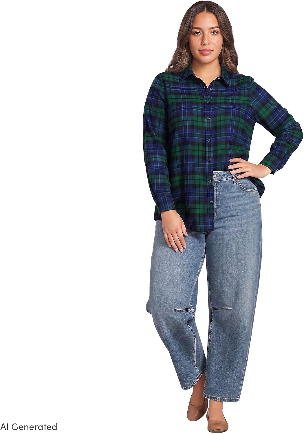 image:imageLands End Womens Flannel Boyfriend Fit Long Sleeve ShirtLiberty BluePine Blackwatch