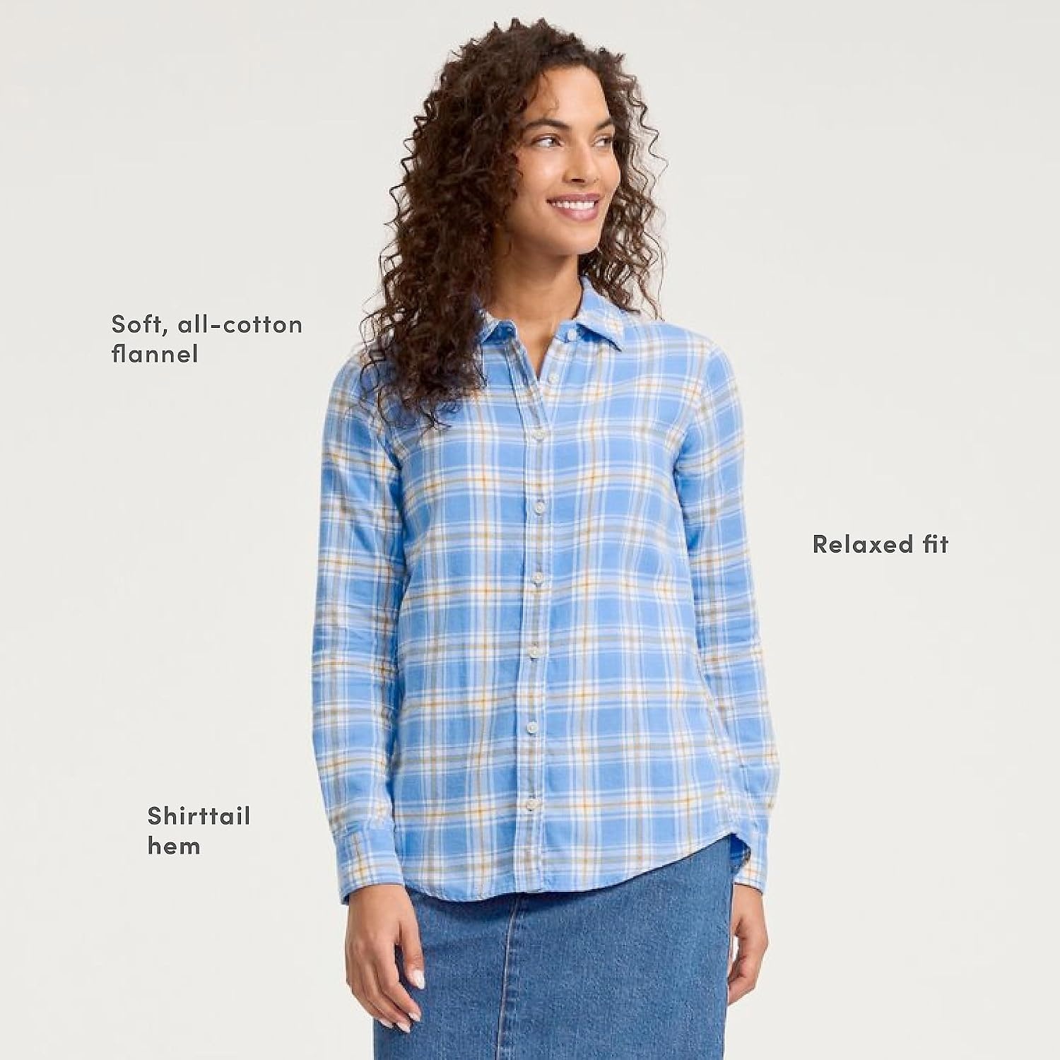 image:imageLands End Womens Flannel Boyfriend Fit Long Sleeve ShirtLiberty BluePine Blackwatch