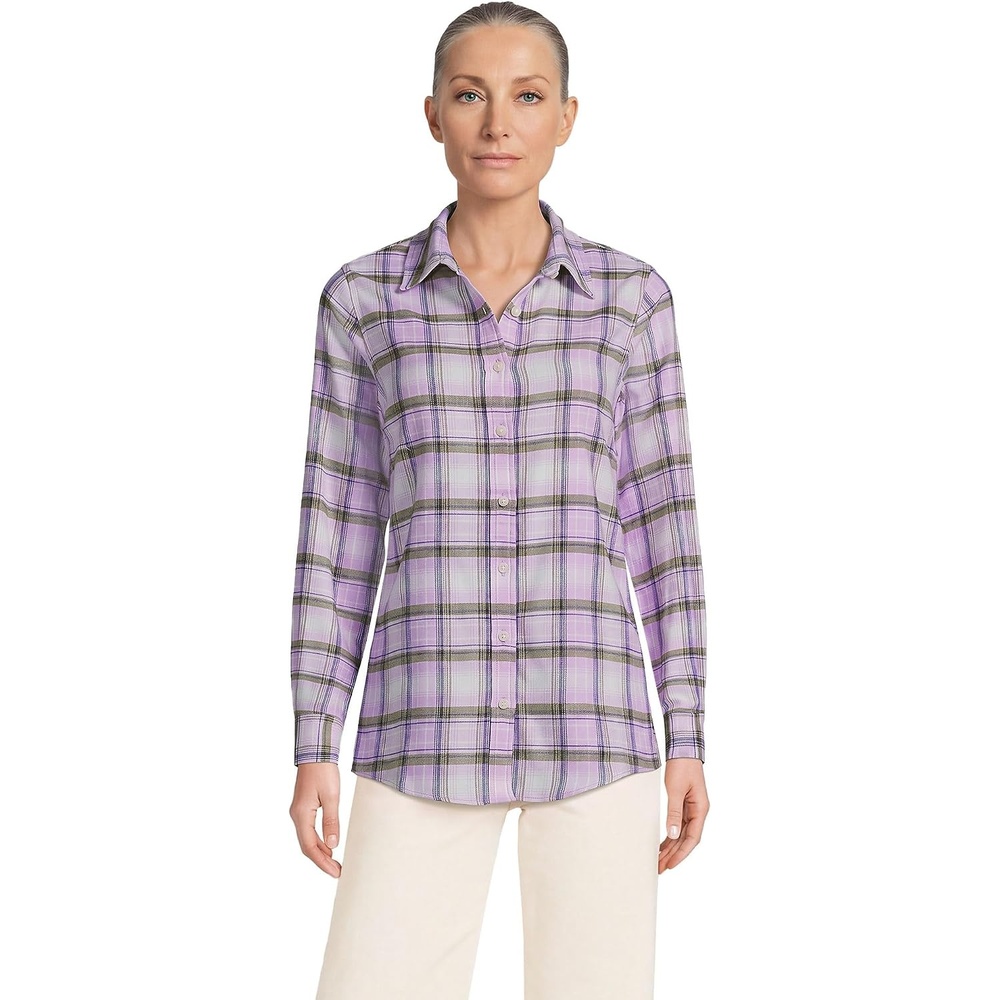 image:imageLands End Womens Flannel Boyfriend Fit Long Sleeve ShirtBlushed LilacOlive Plaid