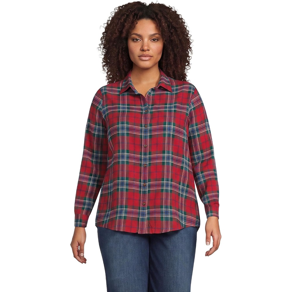 image:imageLands End Womens Flannel Boyfriend Fit Long Sleeve ShirtCompass RedPine Plaid