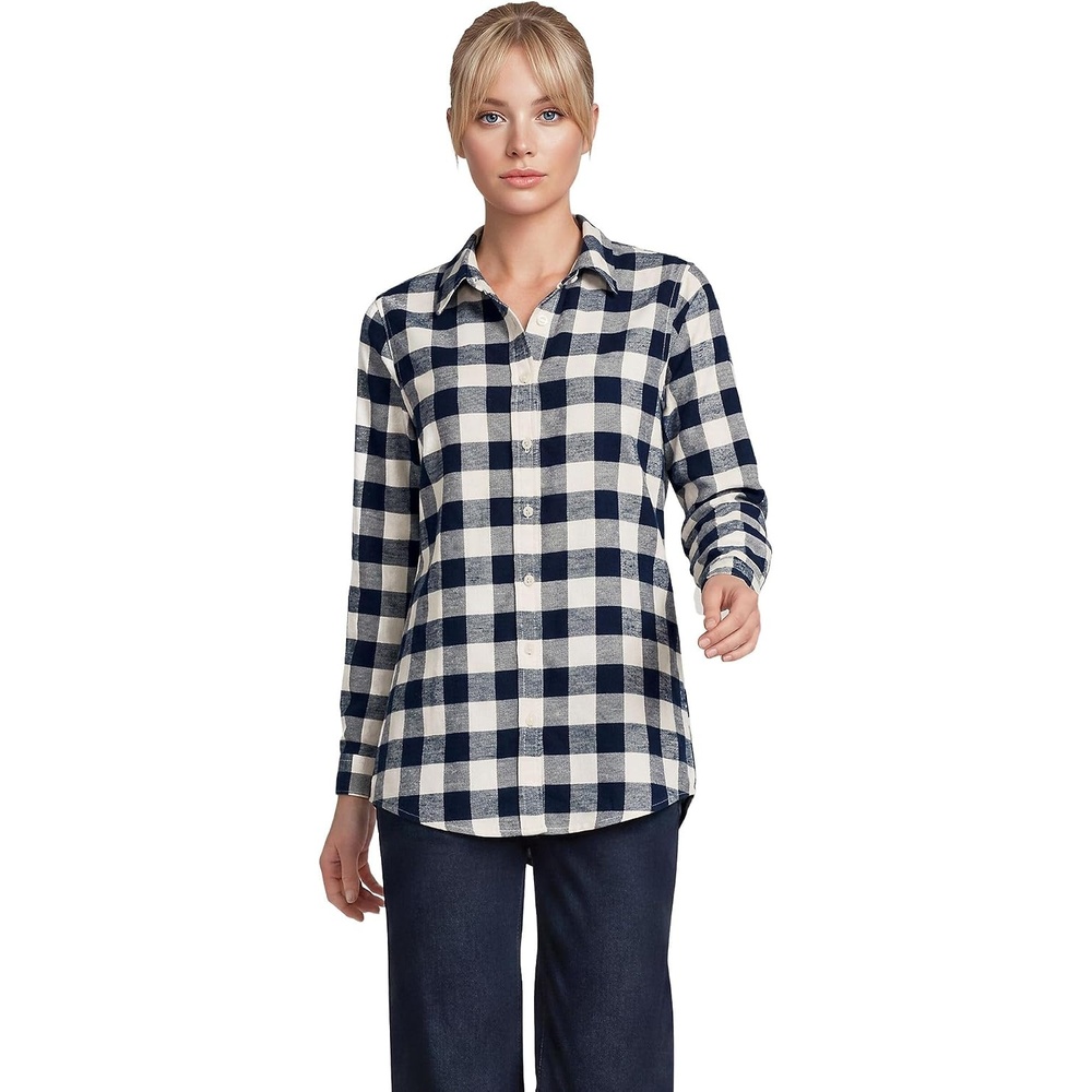 image:imageLands End Womens Flannel Boyfriend Fit Long Sleeve ShirtIvory LatteNavy Buffalo Plaid