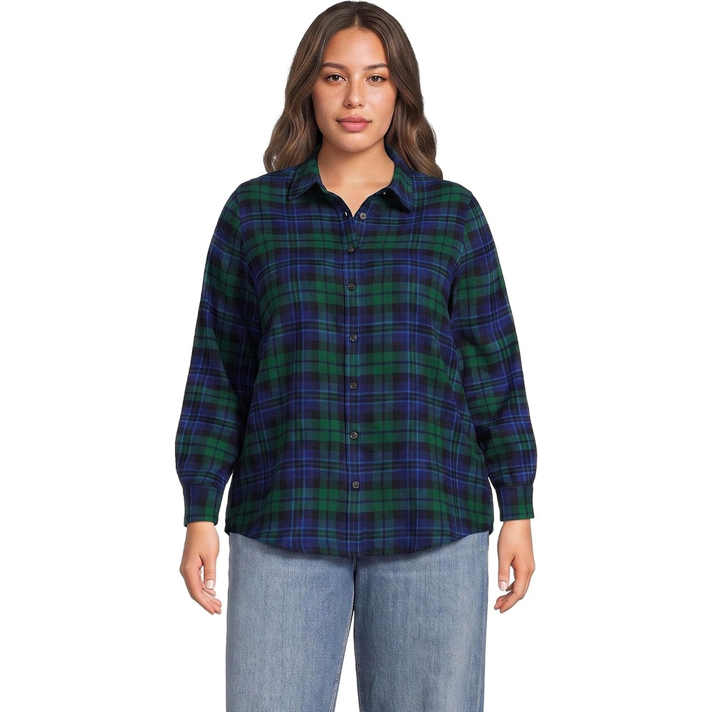 image:imageLands End Womens Flannel Boyfriend Fit Long Sleeve ShirtLiberty BluePine Blackwatch