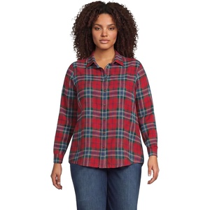 Lands’ End Women’s Flannel Boyfriend Fit Long Sleeve Shirt(Compass Red/Pine Plaid)