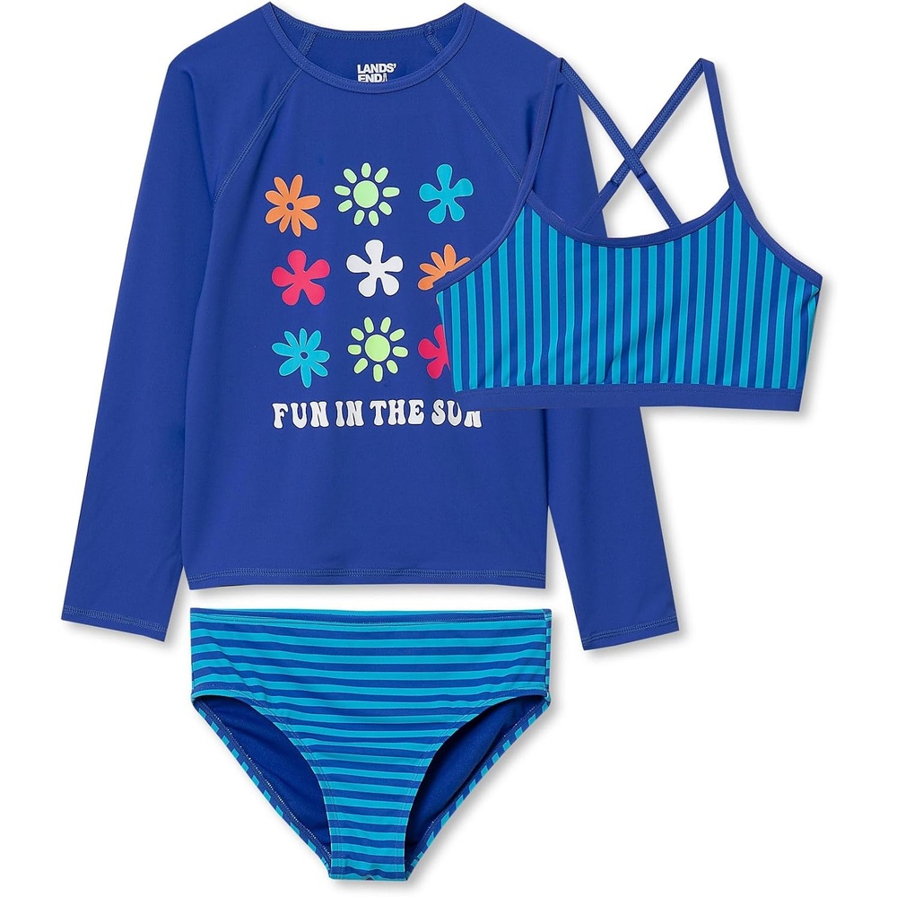 image:imageGirls Slim Rash Guard Swim Top Bikini Top and Bottoms UPF 50 Swimsuit SetDazzling Blue Floral Stripes