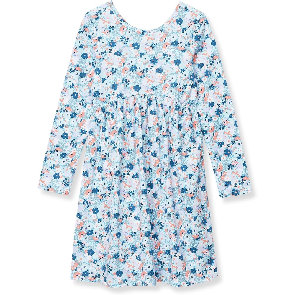 image:imageLands End Girls Long Sleeve Gathered Waist Jersey DressLight Blue Floral
