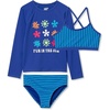 Girls Slim Rash Guard Swim Top Bikini Top and Bottoms UPF 50 Swimsuit Set(Dazzling Blue Floral Stripes)