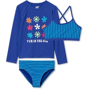 Girls Slim Rash Guard Swim Top Bikini Top and Bottoms UPF 50 Swimsuit Set(Dazzling Blue Floral Stripes)