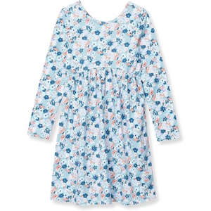 Lands’ End Girls Long Sleeve Gathered Waist Jersey Dress(Light Blue Floral)