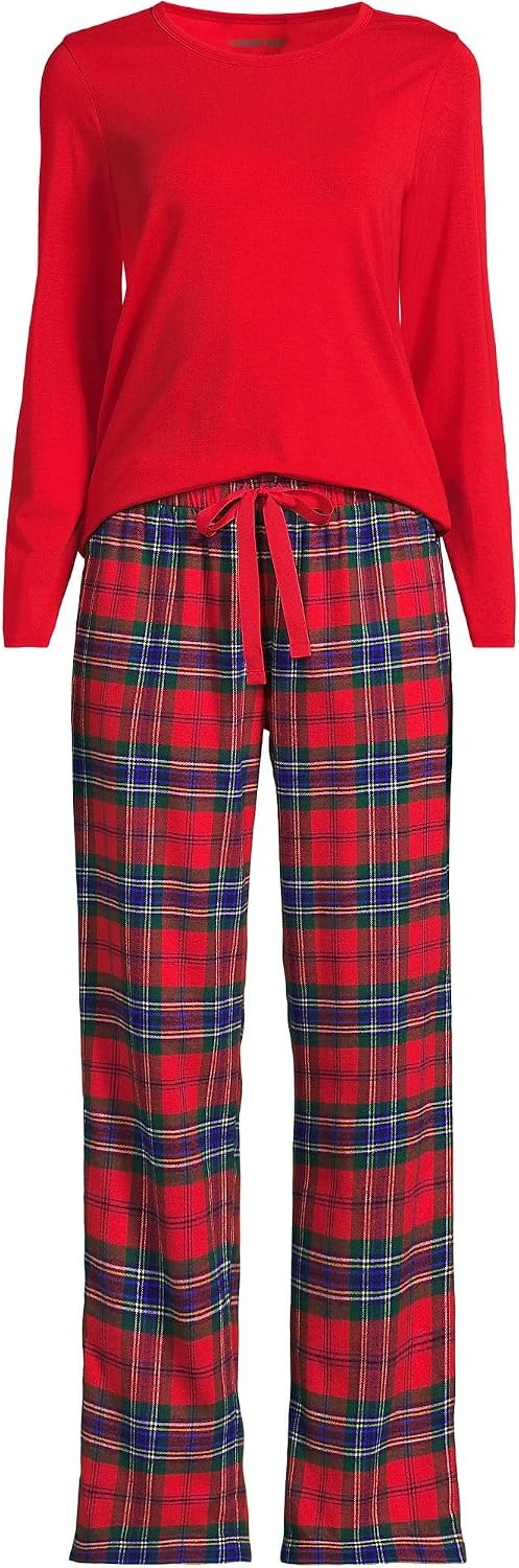 image:imageLands End Womens Pajama Set Knit Long Sleeve TShirt and Flannel PantsCompass RedPine Plaid