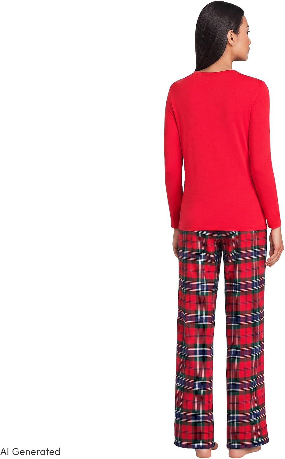 image:imageLands End Womens Pajama Set Knit Long Sleeve TShirt and Flannel PantsCompass RedPine Plaid
