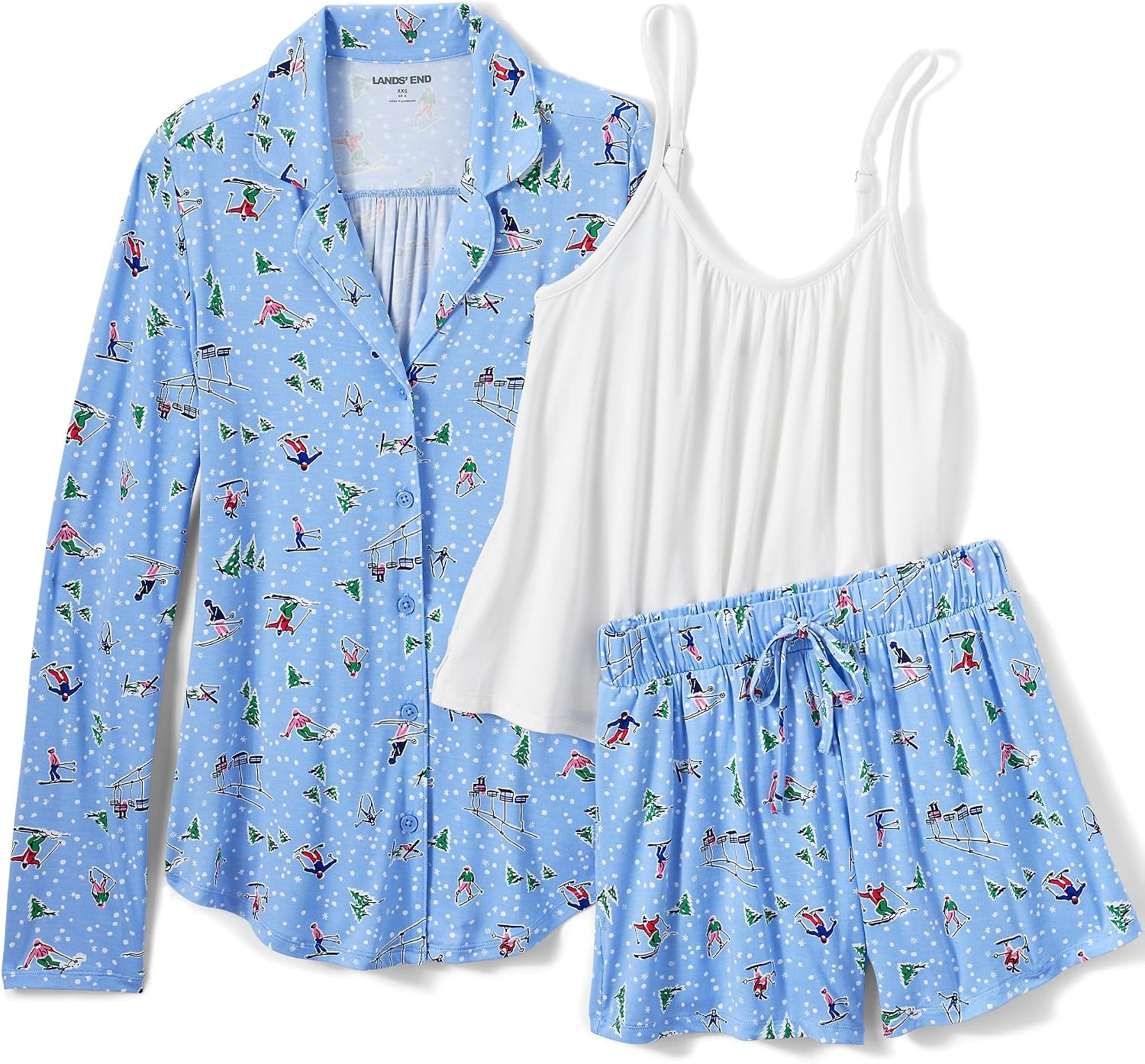 image:imageWomens Cooling 3 Piece Pajama Set Long Sleeve Top Cami and ShortsClear Blue Sky Skiers