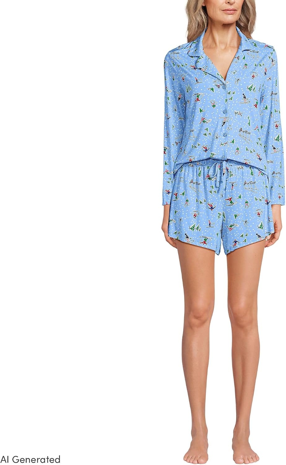 image:imageWomens Cooling 3 Piece Pajama Set Long Sleeve Top Cami and ShortsClear Blue Sky Skiers