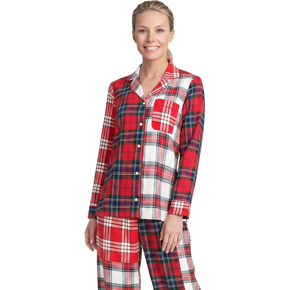 image:imageLands End Womens Long Sleeve Print Flannel Pajama TopCompass Red Plaid Patchwork