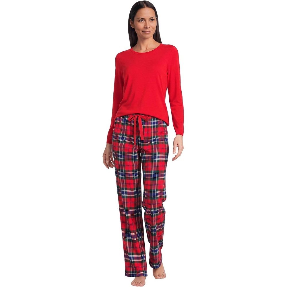 image:imageLands End Womens Pajama Set Knit Long Sleeve TShirt and Flannel PantsCompass RedPine Plaid