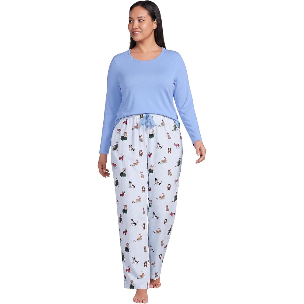 image:imageLands End Womens Pajama Set Knit Long Sleeve TShirt and Flannel PantsHoliday DogsBlue Stripe
