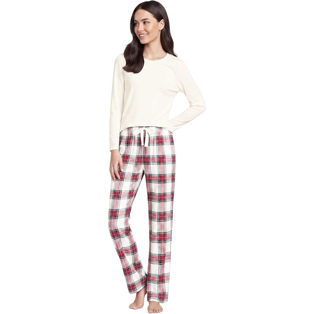 image:imageLands End Womens Pajama Set Knit Long Sleeve TShirt and Flannel PantsIvoryCompass Red Multi Plaid