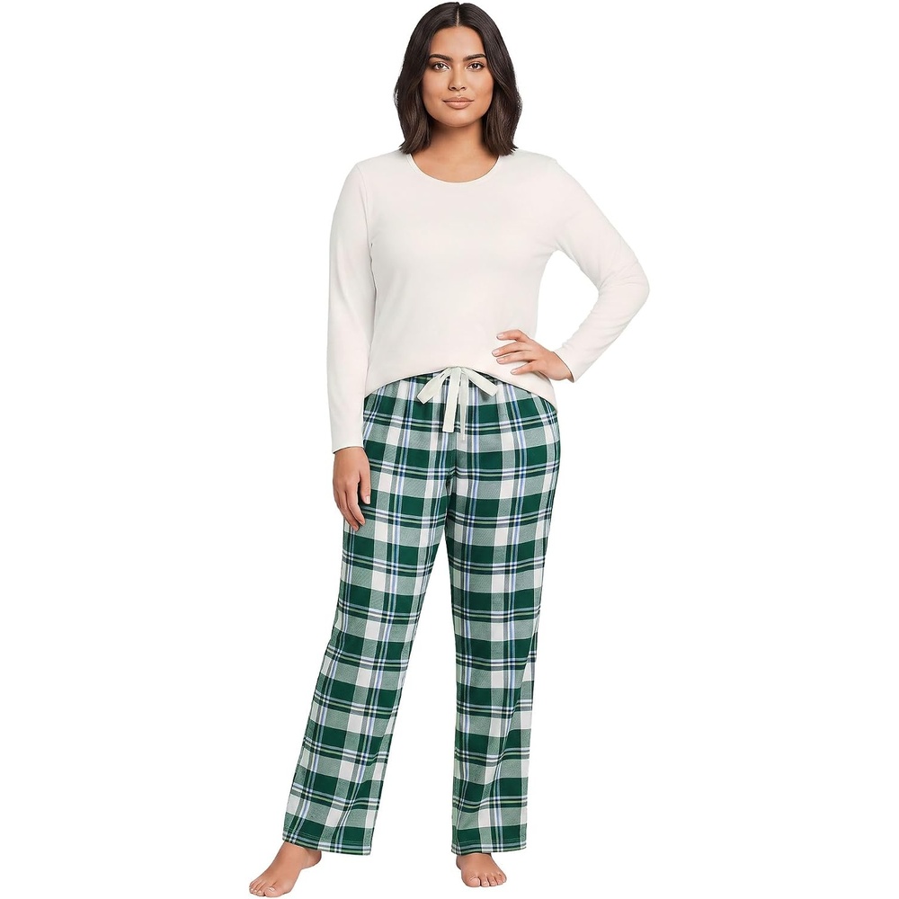 image:imageLands End Womens Pajama Set Knit Long Sleeve TShirt and Flannel PantsPineIvory Plaid