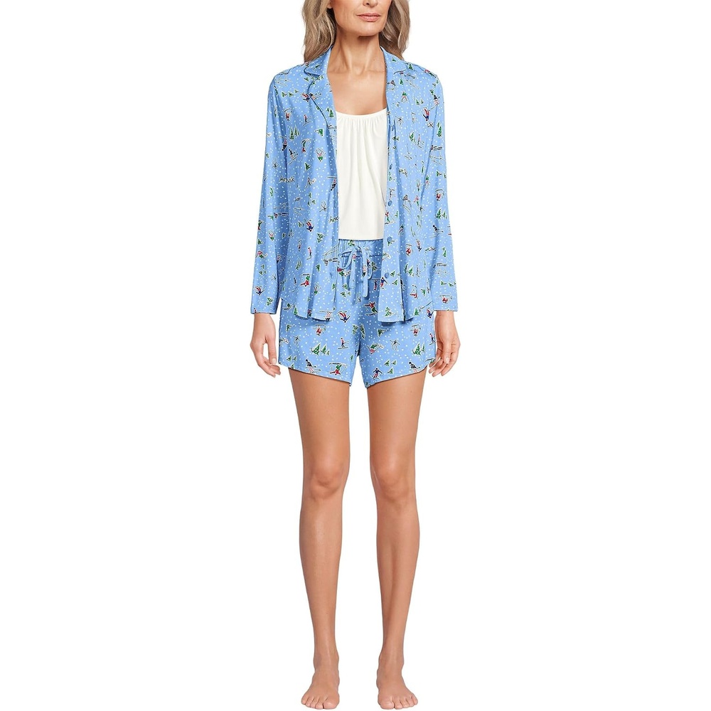 image:imageWomens Cooling 3 Piece Pajama Set Long Sleeve Top Cami and ShortsClear Blue Sky Skiers