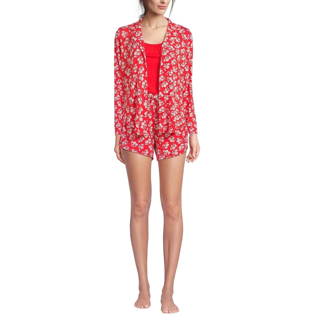 image:imageWomens Cooling 3 Piece Pajama Set  Long Sleeve Top Cami and ShortsCoral Red Blooms