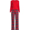 Lands’ End Women’s Pajama Set Knit Long Sleeve T-Shirt and Flannel Pants(Compass Red/Pine Plaid)