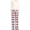 Lands’ End Women’s Pajama Set Knit Long Sleeve T-Shirt and Flannel Pants(Ivory/Compass Red Multi Plaid)