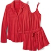 Women’s Cooling 3 Piece Pajama Set – Long Sleeve Top Cami and Shorts(Compass Red Pin Dot)