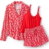 Women’s Cooling 3 Piece Pajama Set – Long Sleeve Top Cami and Shorts(Coral Red Blooms)