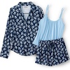 Women’s Cooling 3 Piece Pajama Set – Long Sleeve Top Cami and Shorts(Deep Sea Navy Blooms)