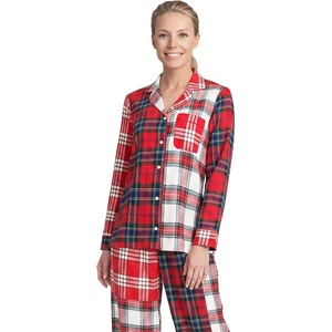 Lands’ End Women’s Long Sleeve Print Flannel Pajama Top(Compass Red Plaid Patchwork)