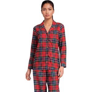 Lands’ End Women’s Long Sleeve Print Flannel Pajama Top(Compass Red/Pine Plaid)