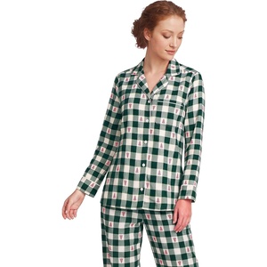 Lands’ End Women’s Long Sleeve Print Flannel Pajama Top(Red Holiday Trees/Pine Plaid)