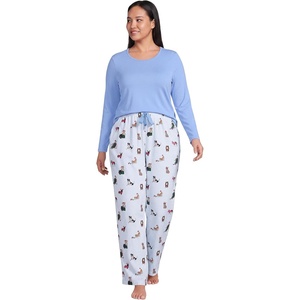 Lands’ End Women’s Pajama Set Knit Long Sleeve T-Shirt and Flannel Pants(Holiday Dogs/Blue Stripe)