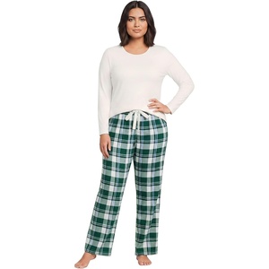 Lands’ End Women’s Pajama Set Knit Long Sleeve T-Shirt and Flannel Pants(Pine/Ivory Plaid)