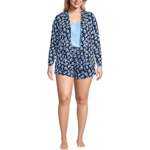 Women’s Cooling 3 Piece Pajama Set – Long Sleeve Top Cami and Shorts(Deep Sea Navy Blooms)