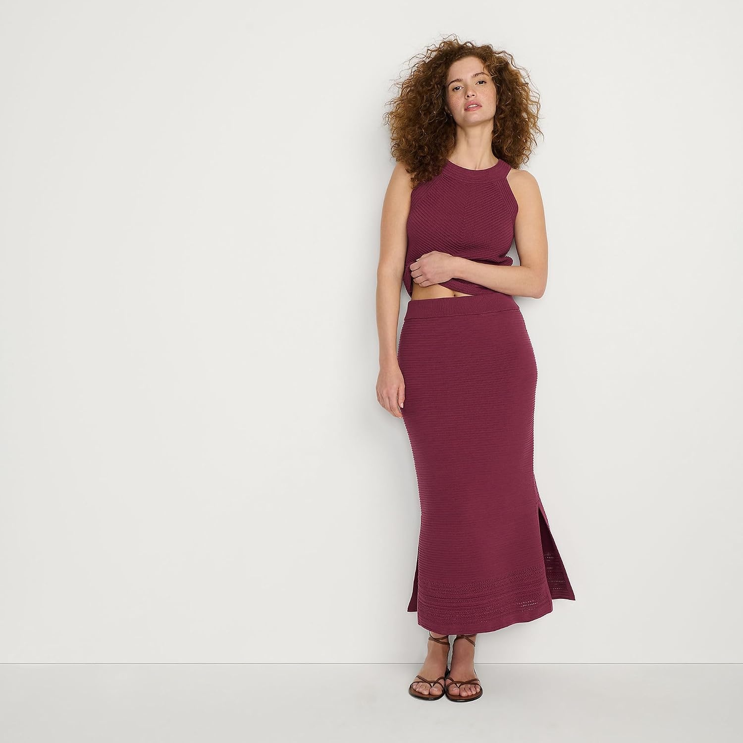 image:imageWomens Cotton Pointelle Sweater Maxi Skirt Set BottomBurgundy Spritz