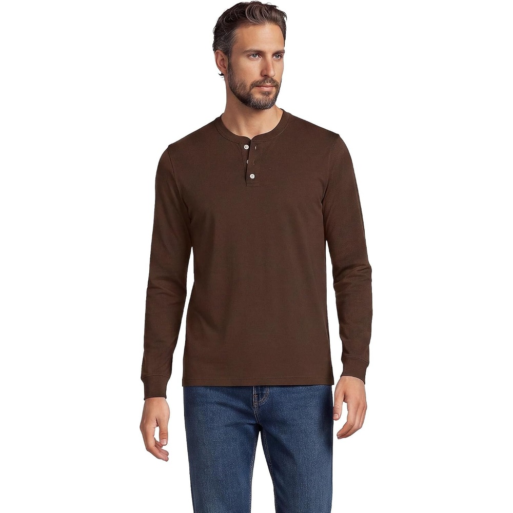 image:imageLands End Mens SuperT Long Sleeve Henley ShirtDark Walnut Brown