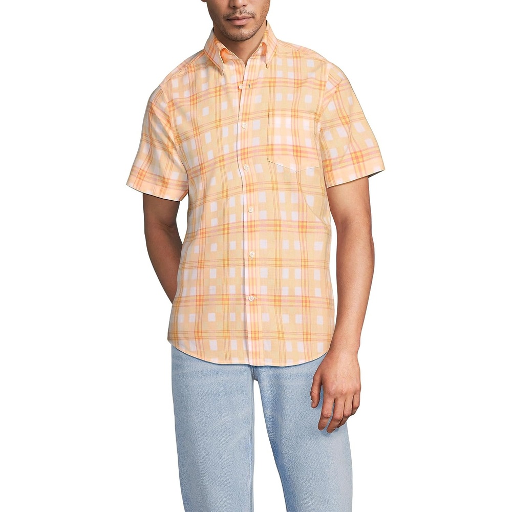 image:imageMens Traditional Fit Short Sleeve Madras ShirtSubtle ApricotYellow Plaid