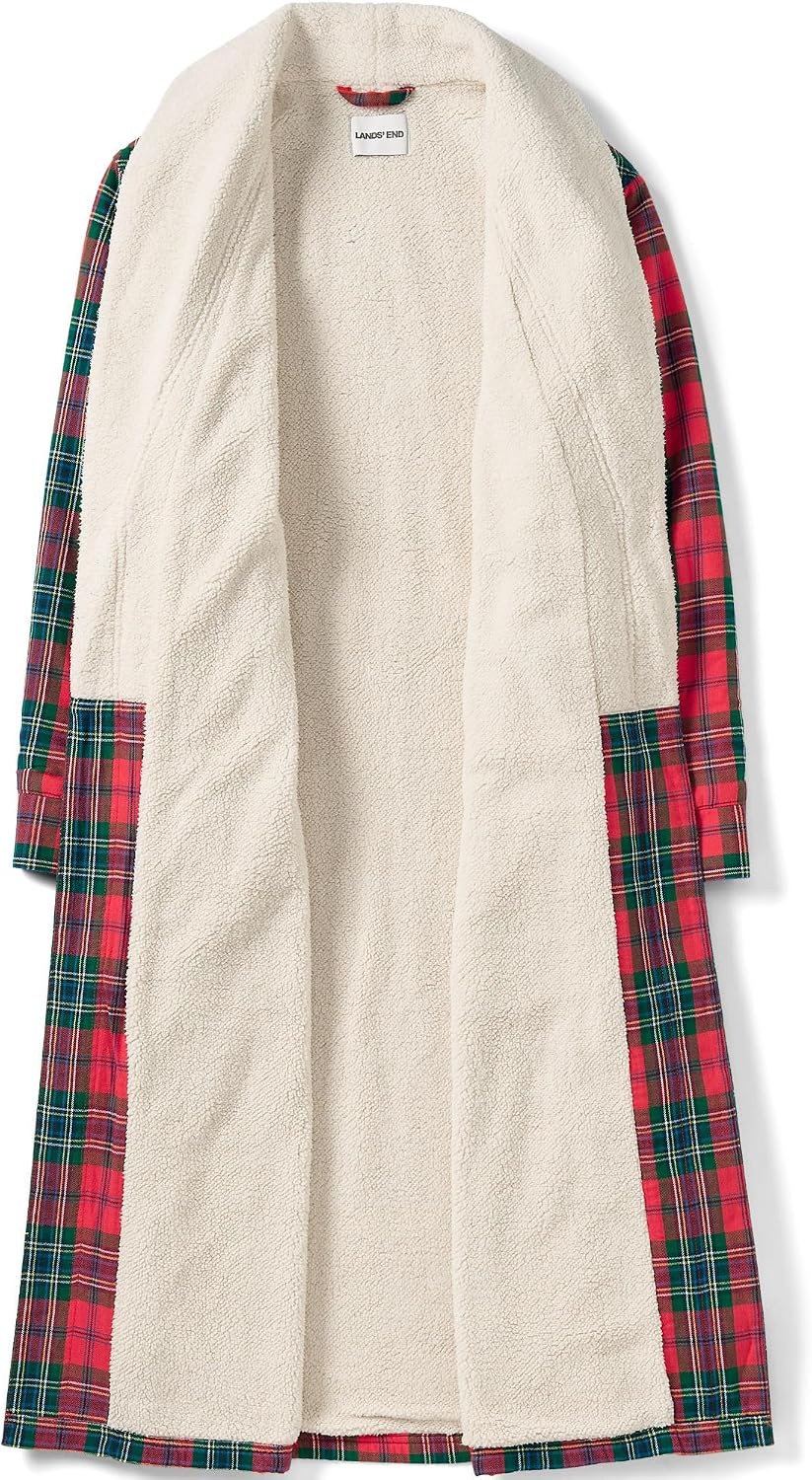 image:imageLands End Mens Sherpa Fleece Lined Flannel RobeCompass RedPine Plaid